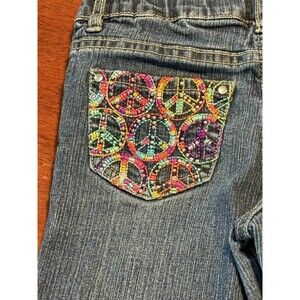 Girls’ RVT Jeans Size 6 Embroidered Peace Signs Bright Colors Flare Bottoms